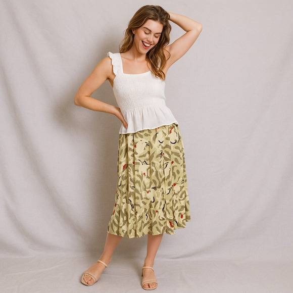 Vintage 80s City Girl Pleated Midi Skirt Size 13 28" Green Abstract Flowy Retro - Picture 1 of 13